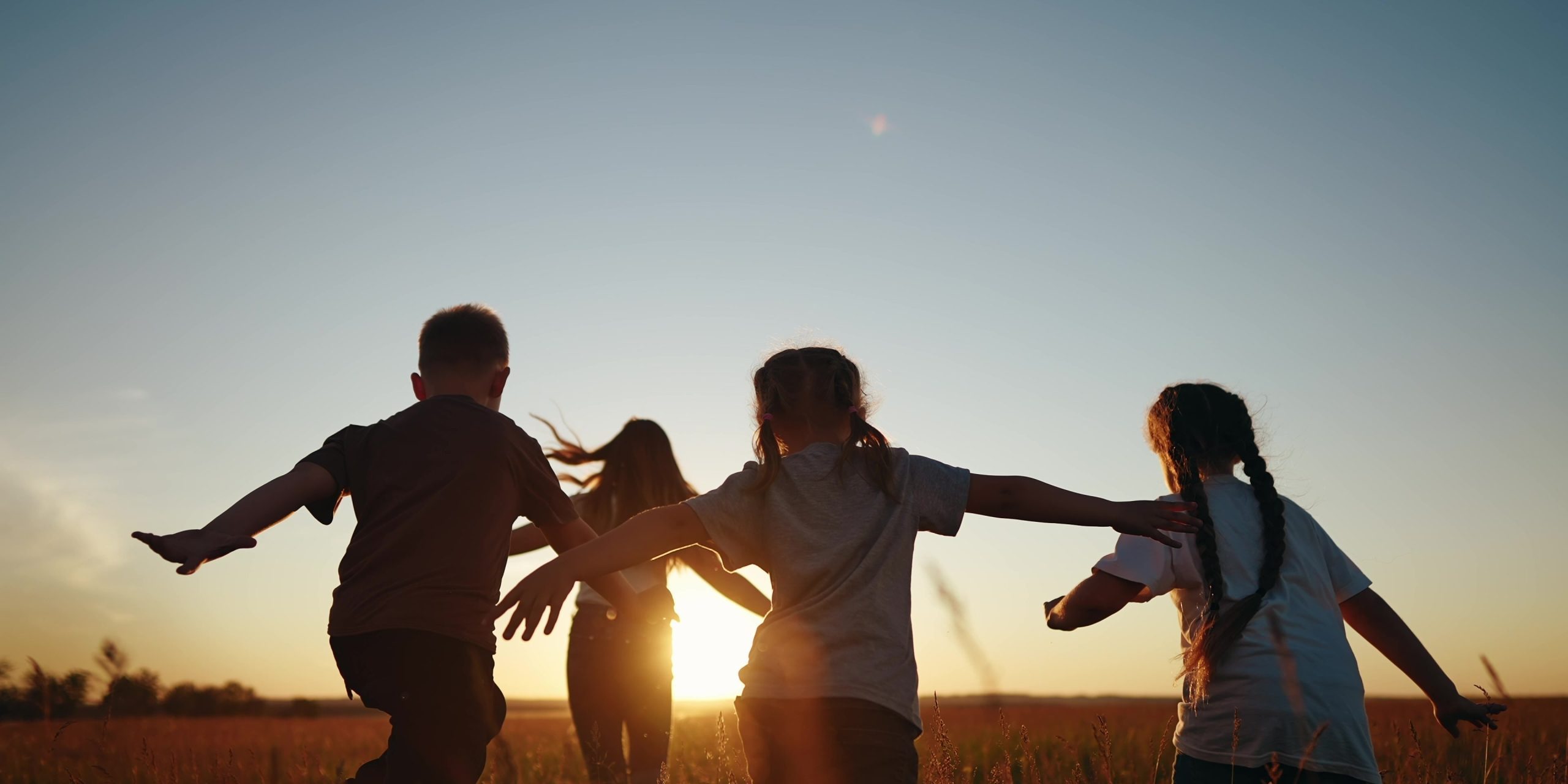 Children,Running,In,Park,At,Sunset.,Happy,Family,Kindergarten,Kids