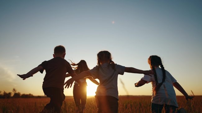 Children,Running,In,Park,At,Sunset.,Happy,Family,Kindergarten,Kids
